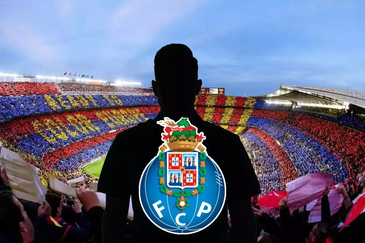 Montage con el Camp Nou, una sombra negra en el centro con el escudo del Oporto