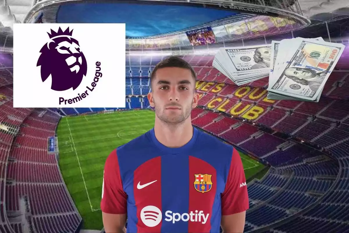 Un jugador del FC Barcelona con el logo de la Premier League y un fajo de billetes en el fondo del estadio.