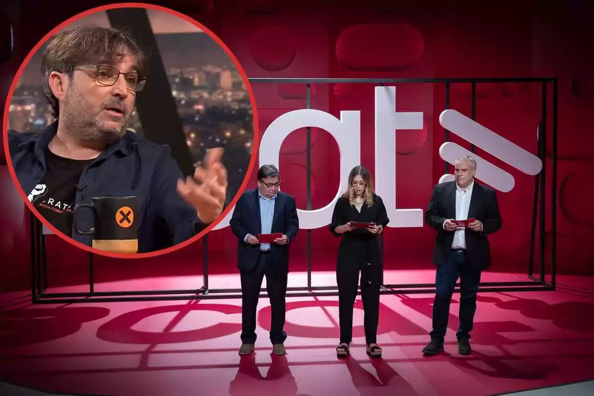 Montaje con una imagen de directivos de TV3 y en la esquina superior izquierda, dentro de un círculo, Jordi Évole siendo entrevistado