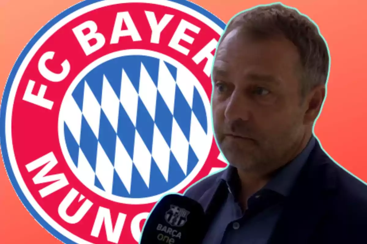 Un hombre siendo entrevistado frente al logo del FC Bayern Múnich.