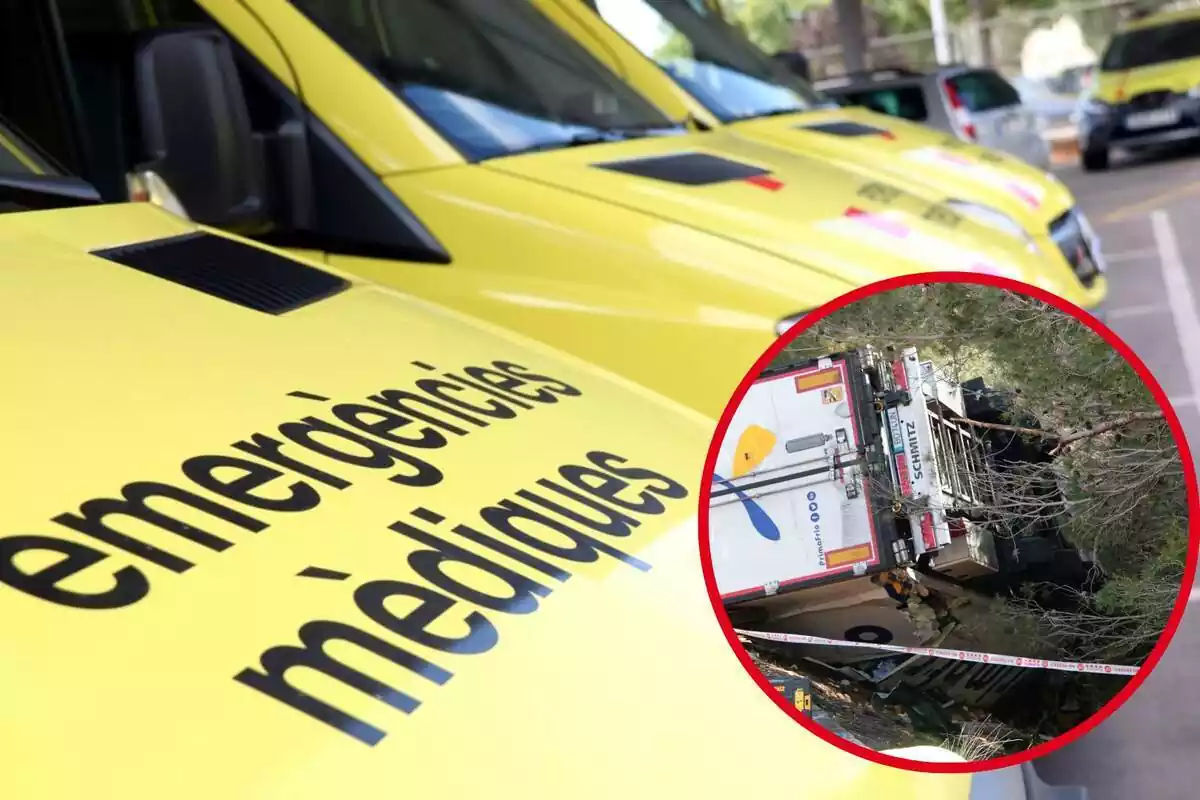 Montaje con una imagen de una ambulancia y en la esquina inferior derecha, dentro de un círculo, detalle de uno de los camiones involucrados en el accidente del que habla la noticia