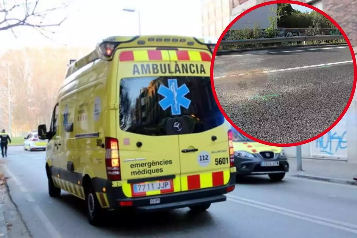 Montaje con una imagen de una ambulancia en primer término y en la esquina superior derecha, imagen con detalle del lugar del accidente referenciado en la noticia
