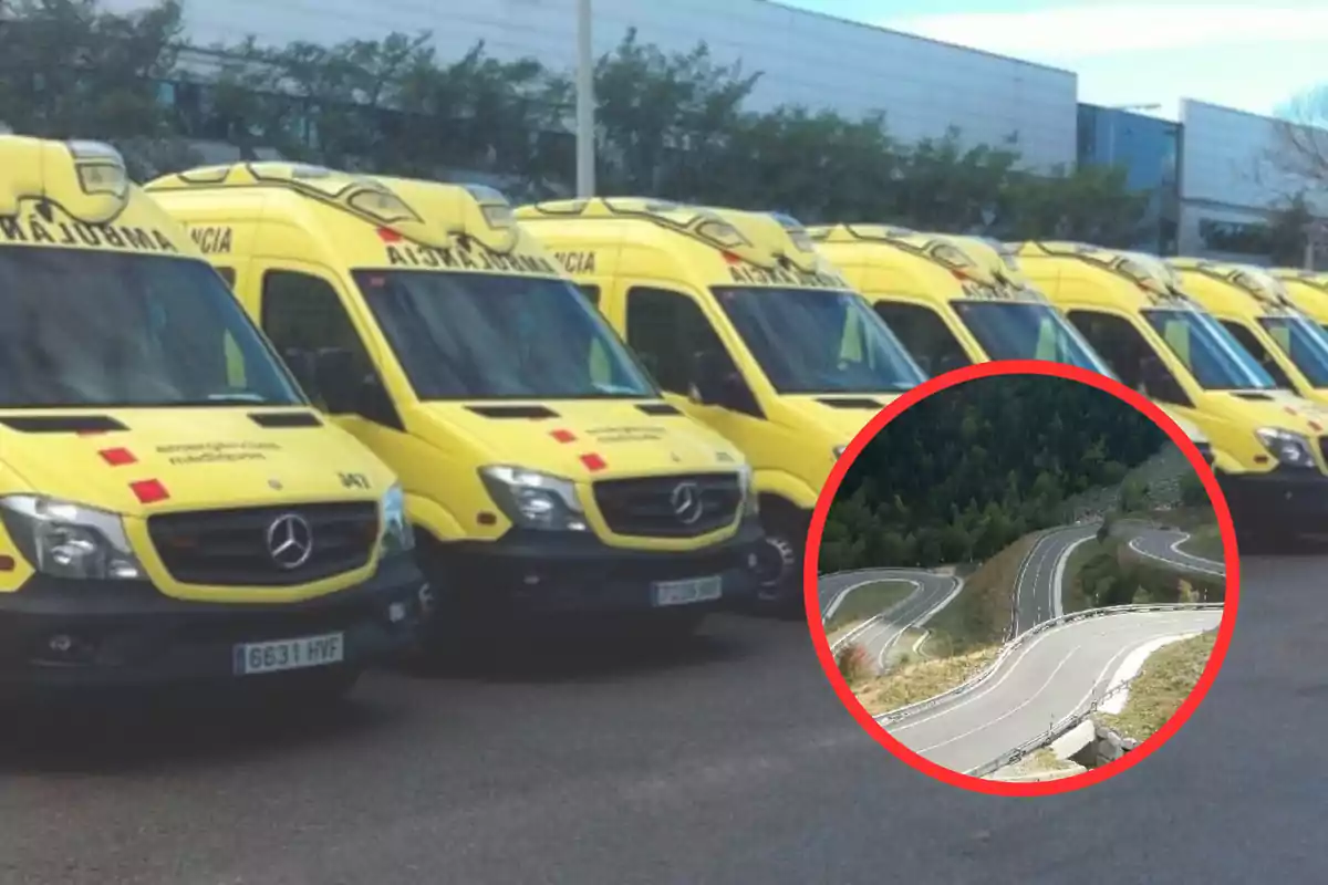 Una fila de ambulancias amarillas estacionadas junto a un edificio con una imagen circular superpuesta de la N-260