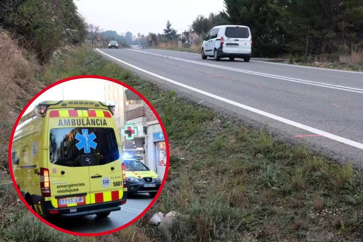 Montaje con una imagen del lugar del accidente referenciado en la noticia y a la izquierda, dentro de un círculo, una ambulancia