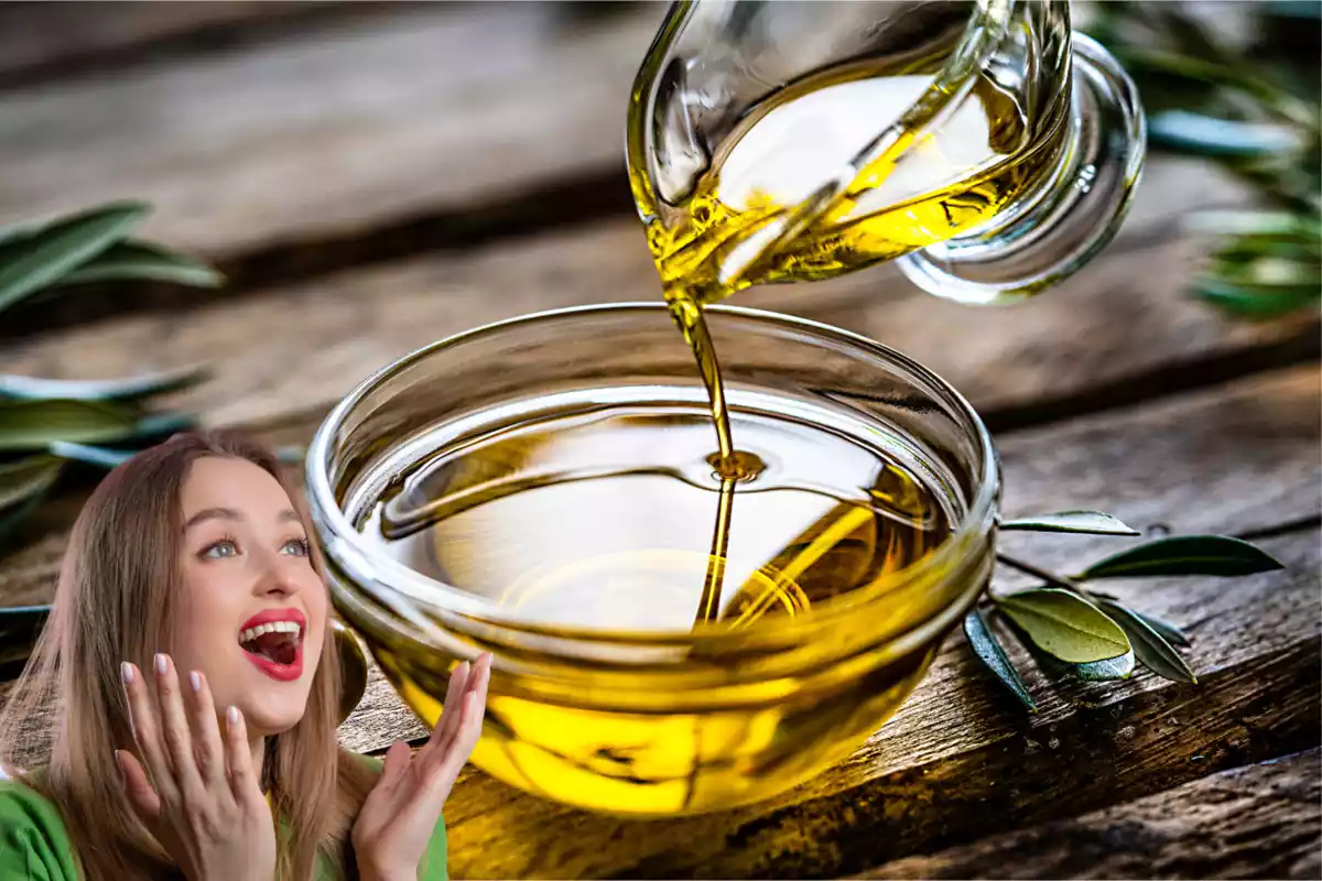 Montaje con una imagen de un recipiente con aceite de oliva. A la izquierda una imagen con una mujer contenta