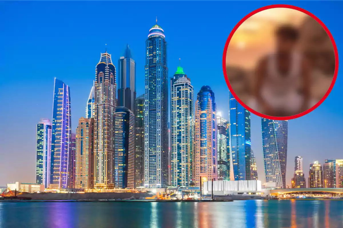 Montaje con una imagen de Dubái. A la derecha una imagen borrosa con un actor de la serie "Merlí"