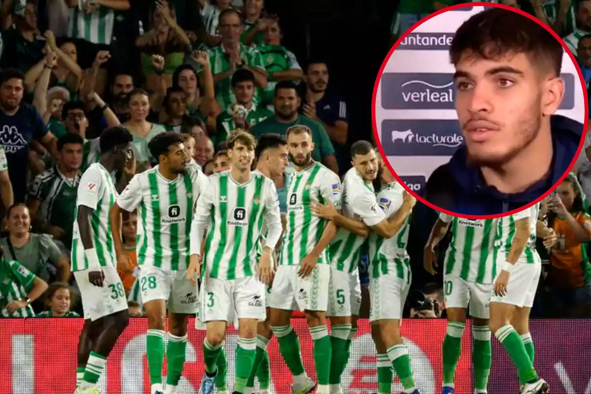Montage con el Real Betis celebrando un gol y un círculo arriba a la derecha con Ez Abde