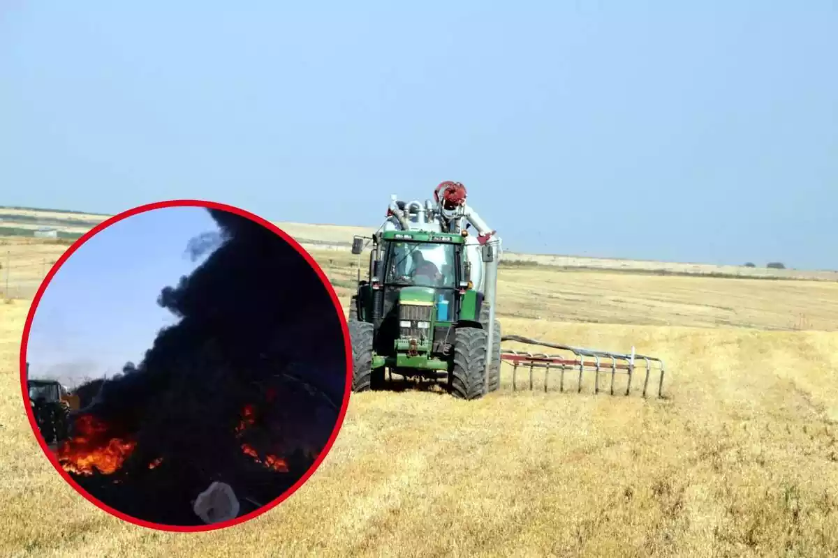 Montaje con la imagen de un agricultor catalán trabajando con su tractor. En la esquina inferior izquierda, dentro de un círculo, protestas de agricultores en Francia