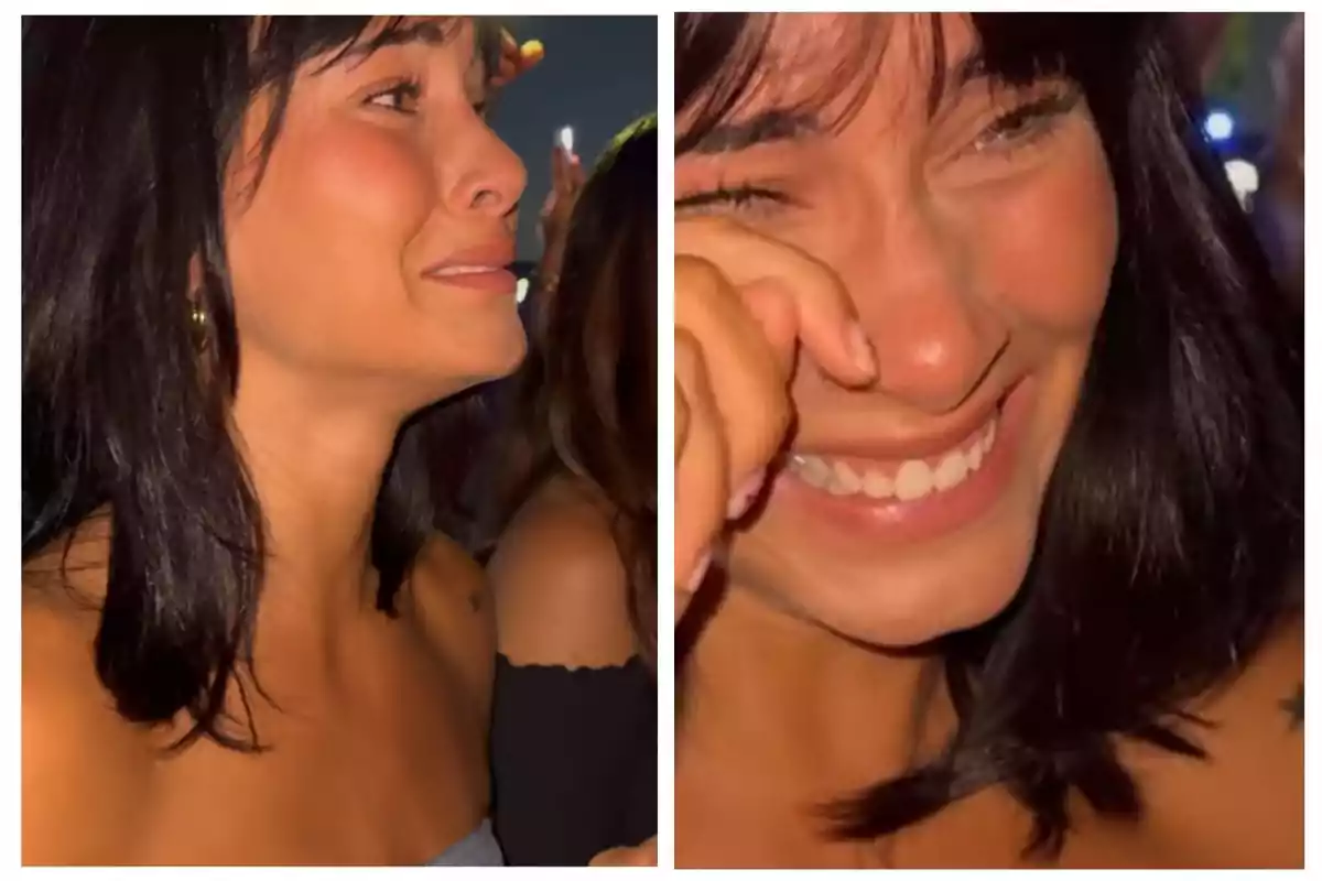 Una mujer con cabello oscuro y expresión emocional, sonriendo y llorando en un evento nocturno.