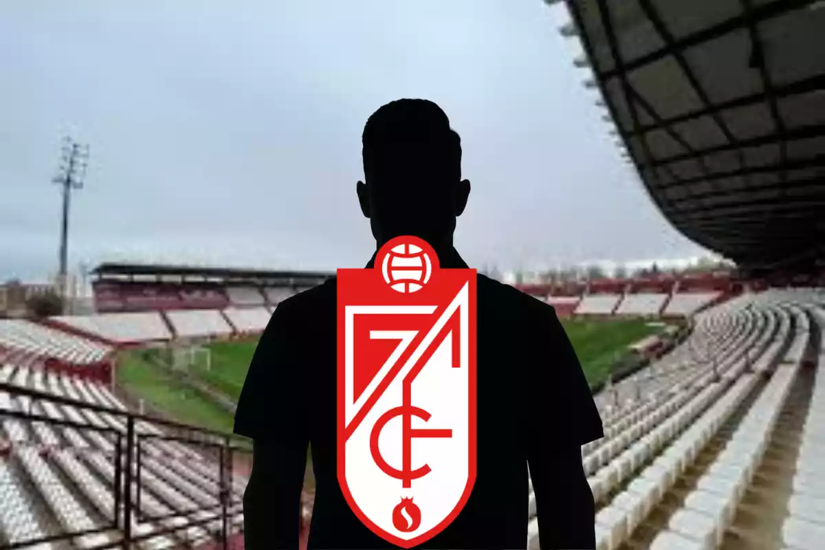 Montage con el estadio Carlos Belmonte de Albacete y una sombra negra en el centro con el escudo del Granada