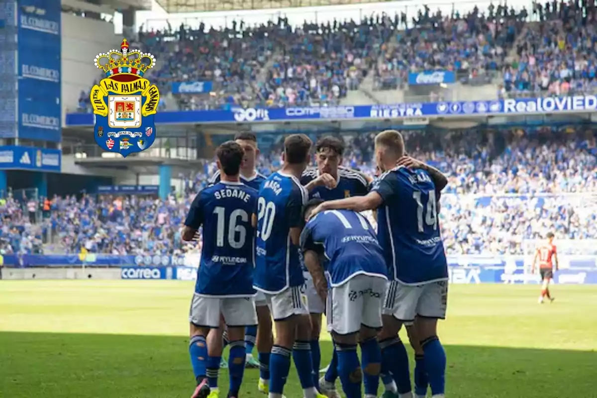 Jugadores de fútbol del Real Oviedo celebran un gol