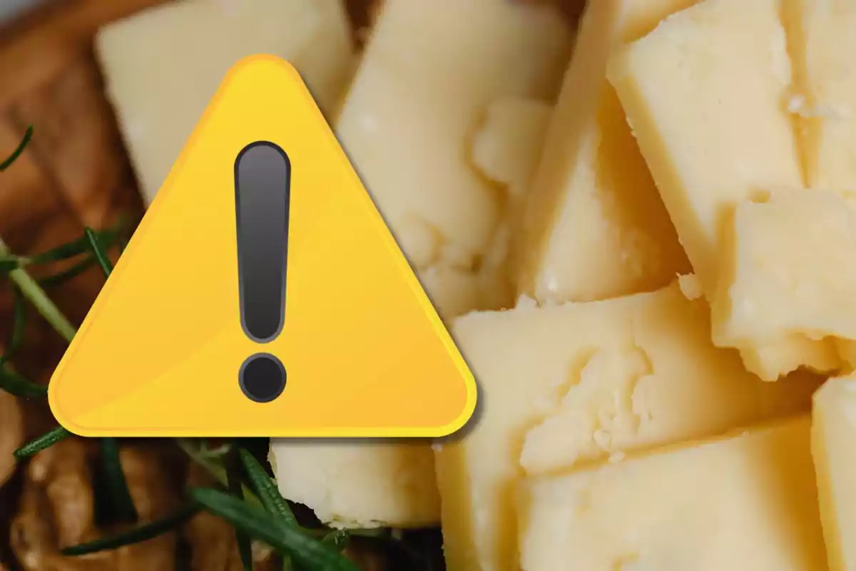 Icono de advertencia sobre una imagen de queso.