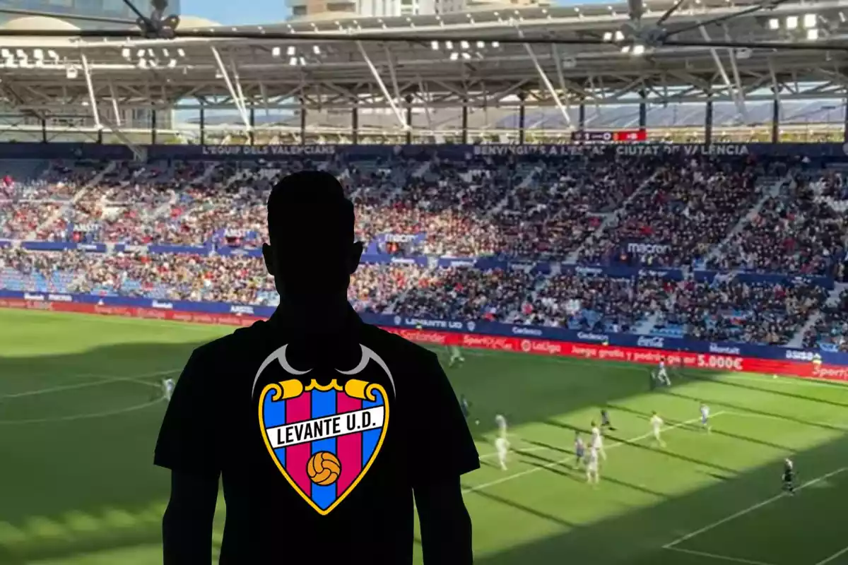 Montage con el Estadio Ciutat de València, y una sombra negra en la parte inferior izquierda y el escudo del Levante UD en el centro de la figura