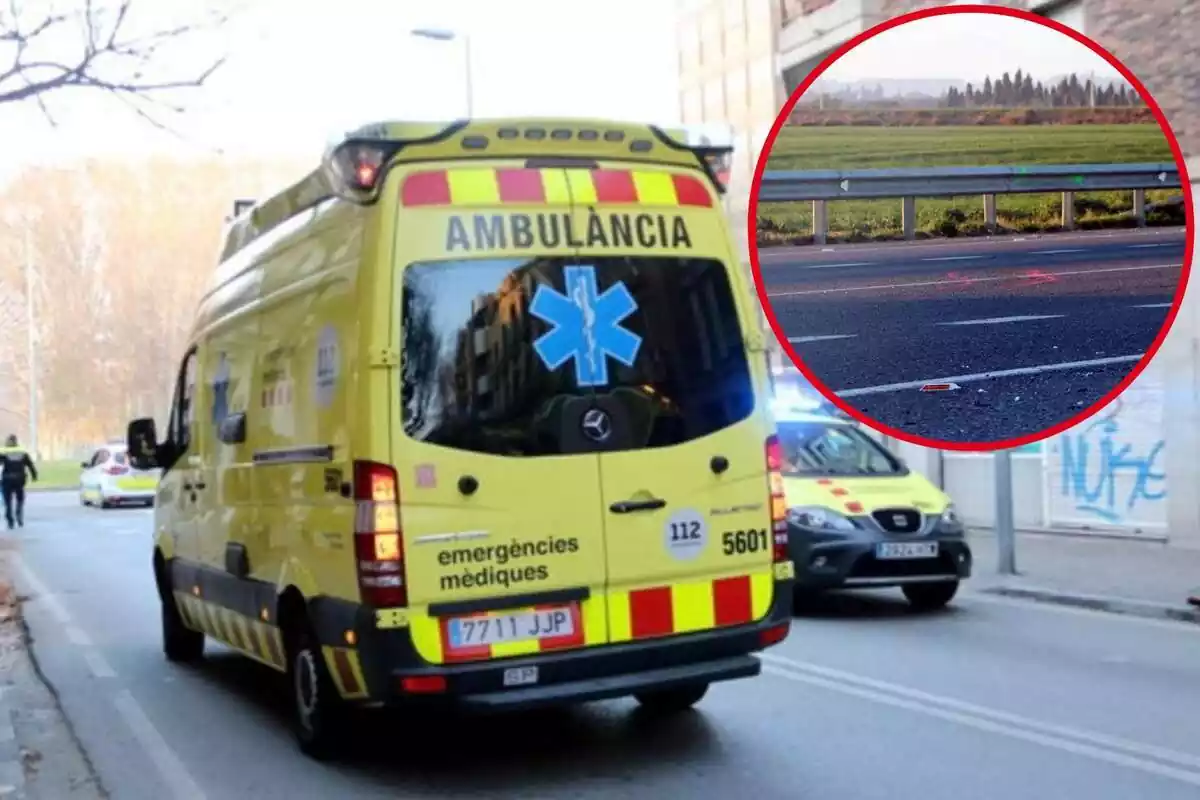 Montaje con la imagen de una ambulancia y en la esquina superior derecha, imagen de lugar del accidente referenciado en la noticia
