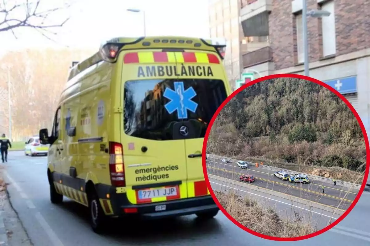 Montaje con la imagen de una ambulancia circulando por la carretera y a la derecha, dentro de un círculo, imagen de la zona del accidente referenciado en la noticia con varios equipos de distintos equipos de emergencias interviniendo