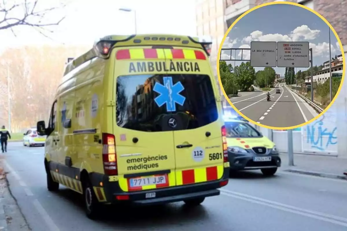 Montaje con una imagen de una ambulancia y en la esquina superior derecha, dentro de un círculo, la N-260 a su paso por la Seu d'Urgell