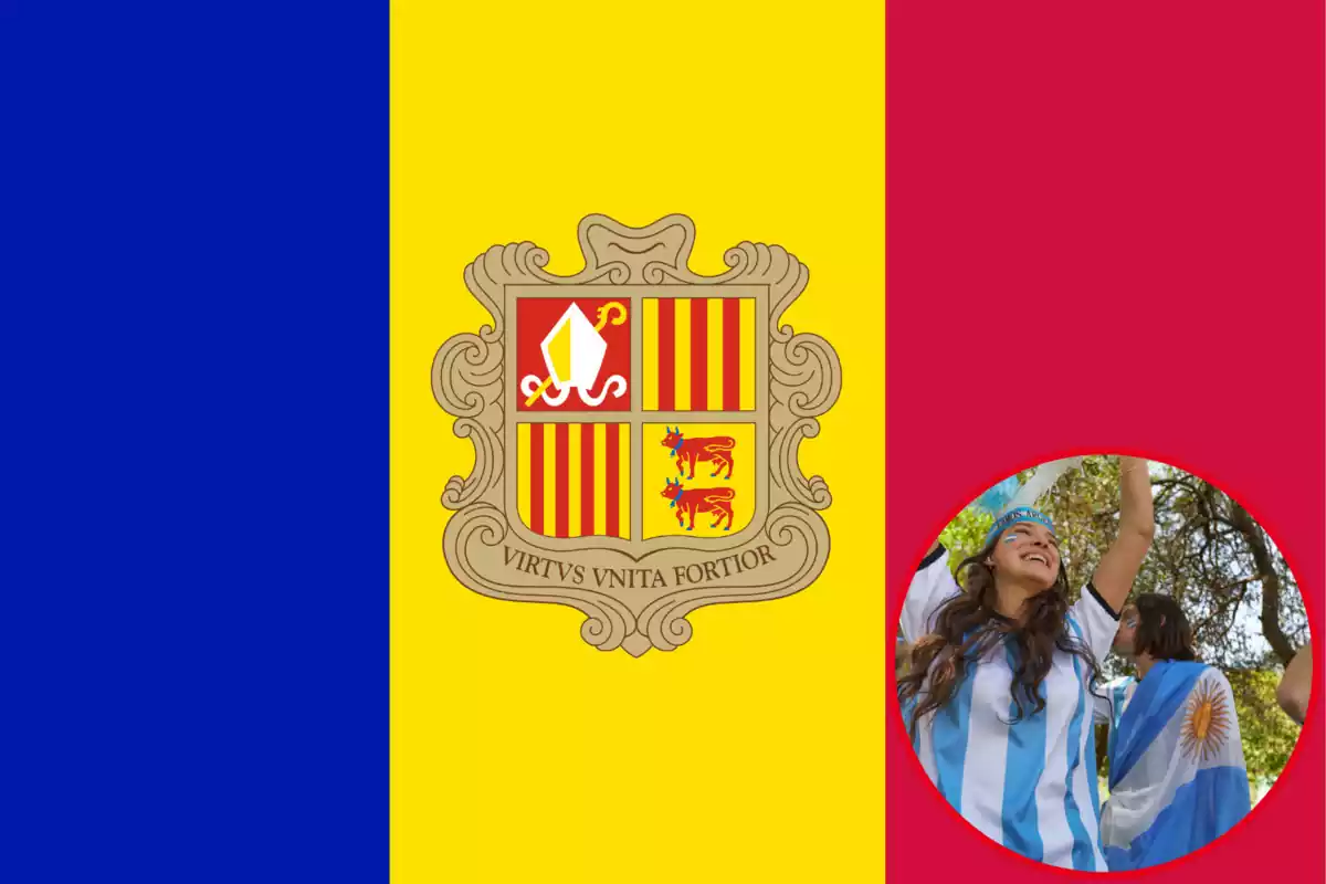 Montaje con una imagen de la bandera de Andorra. A la derecha una imagen con una chica con la camiseta de la selección argentina