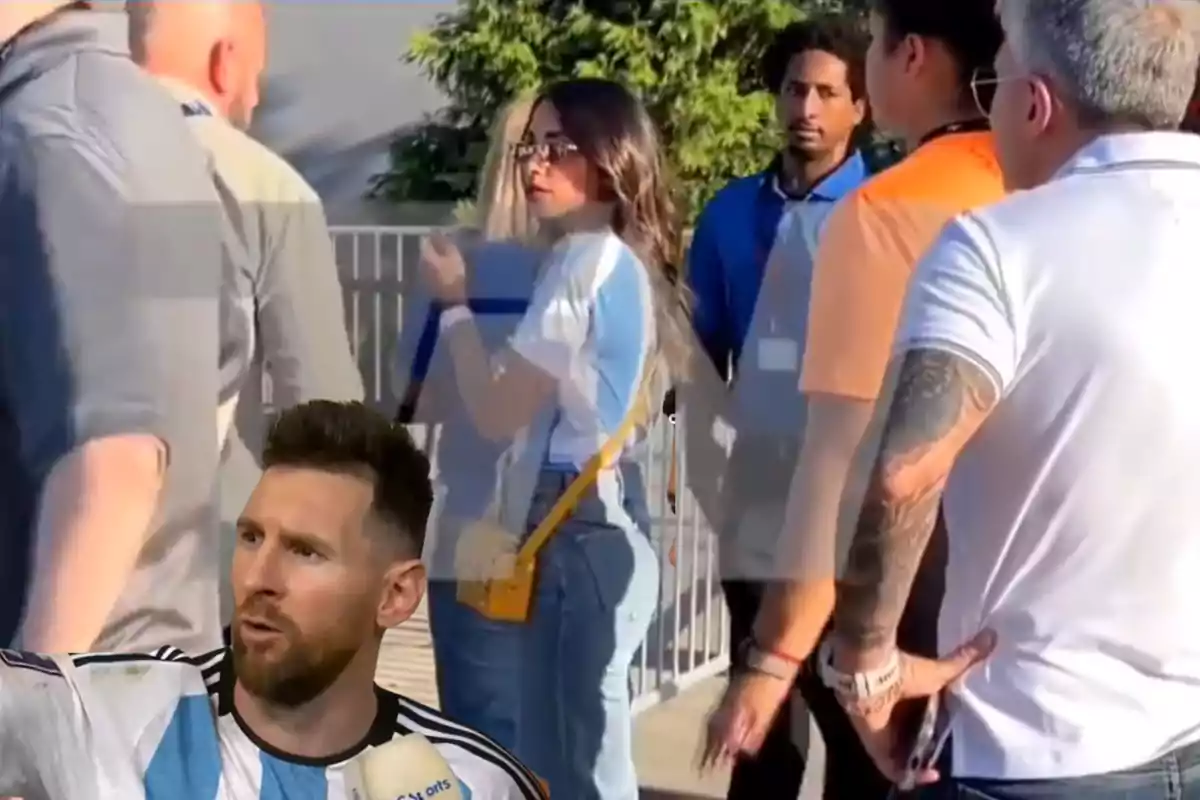 Montaje con una imagen de Antonela Roccuzzo intentando acceder a un estadio de futbol. A la izquierda una imagen con Leo Messi durante una entrevista