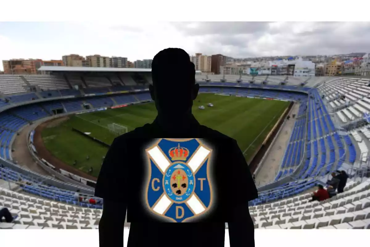 Montage con el Estadio Heliodoro Rodríguez López y una sombra negra en el centro con el escudo del Tenerife