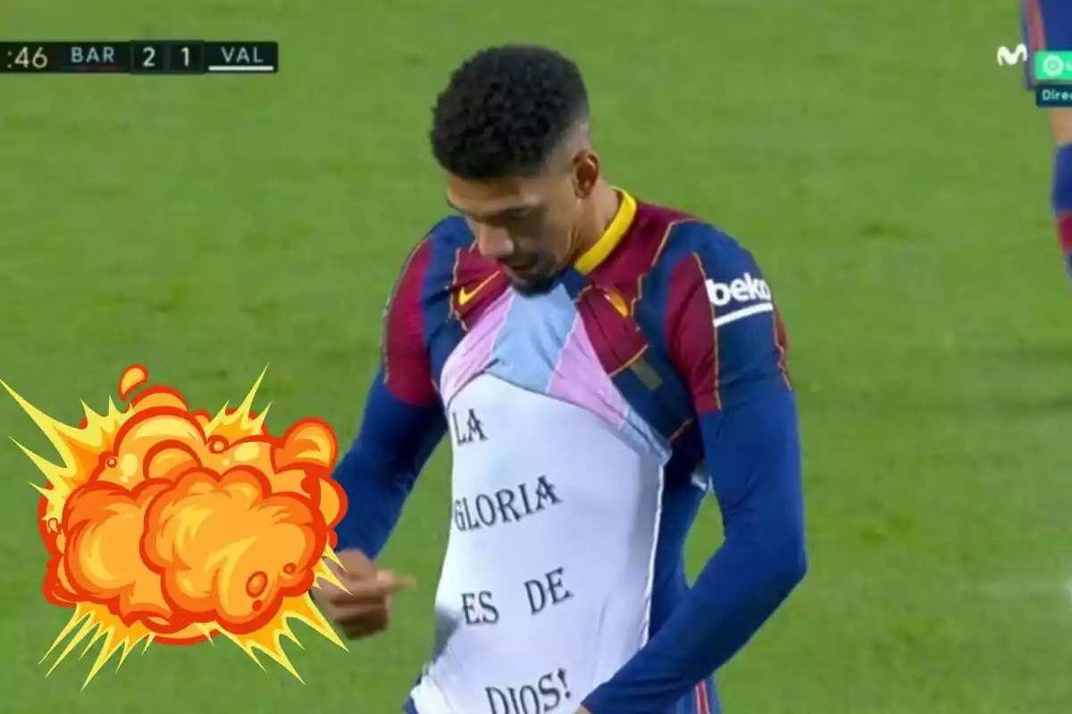 Montaje con una imagen de Ronald Araujo durante un partido con el FC Barcelona. En la esquina inferior izquierda, dibujo de una explosión