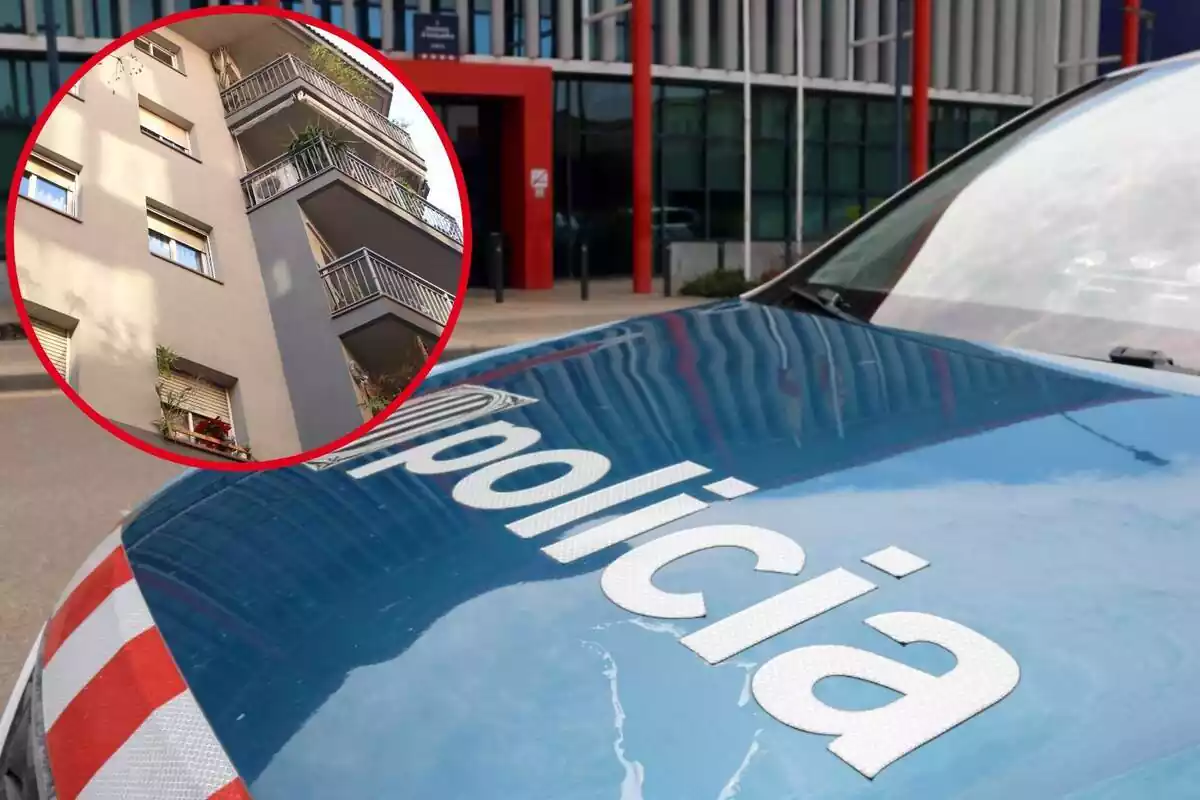 Montaje con un coche de Mossos d'Esquadra y en la esquina superior izquierda, dentro de un círculo, el edificio donde se ha producido el asesinato