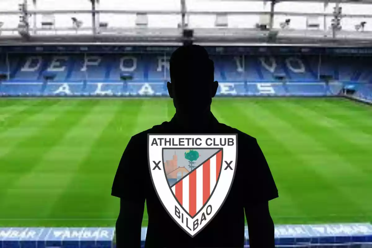 Montage con el estadio de Mendizaroza y una figura negra en el centro con el escudo del Athletic Club de Bilbao