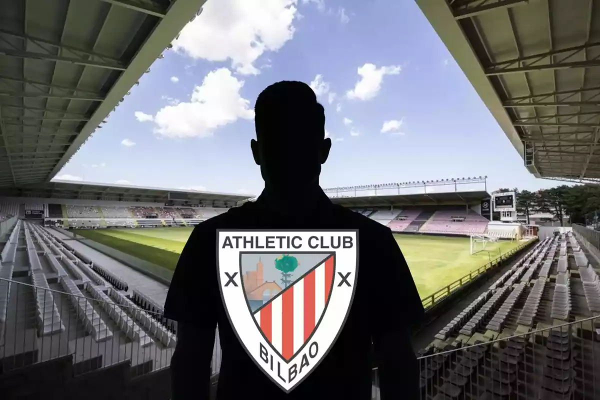 Montage del estadio Municipal El Plantío de Burgos con una sombra negra en el centro y el escudo del Athletic Club de Bilbao