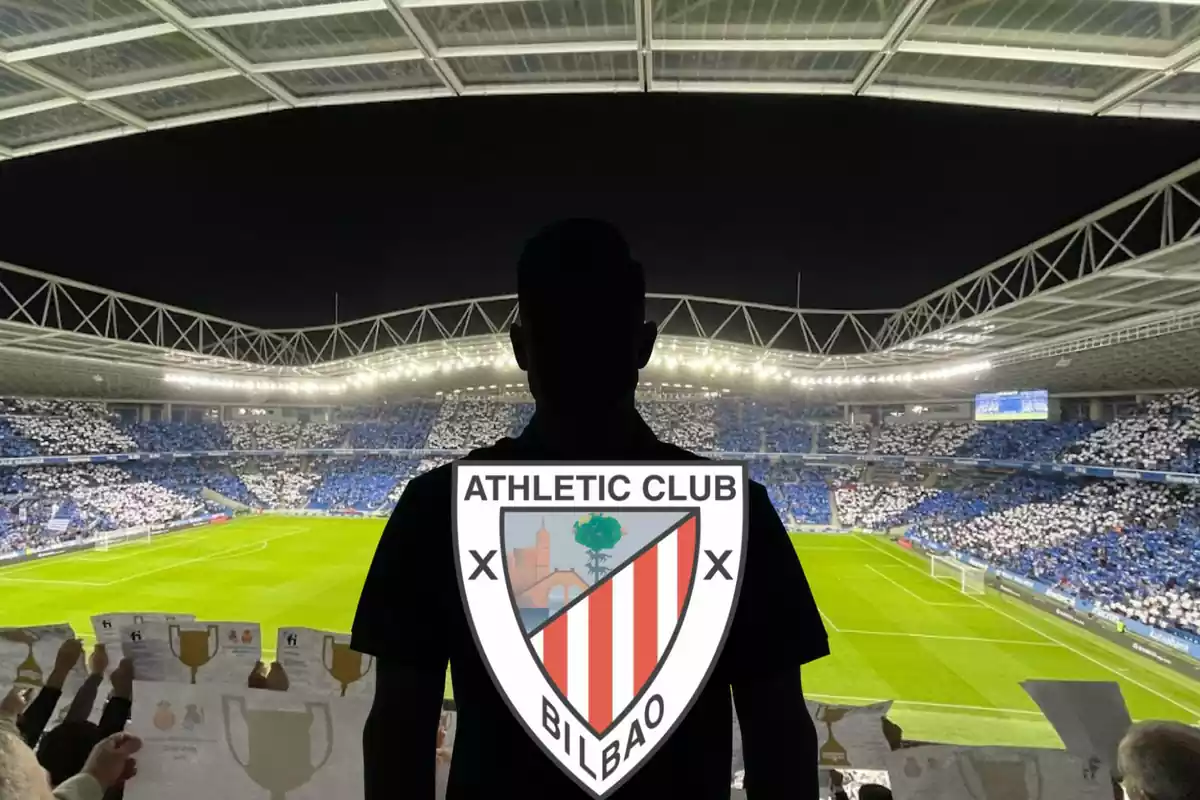 Montage con el Reale Arena de San Sebastián y una sombra negra en el centro con el escudo del Athletic Club de Bilbao