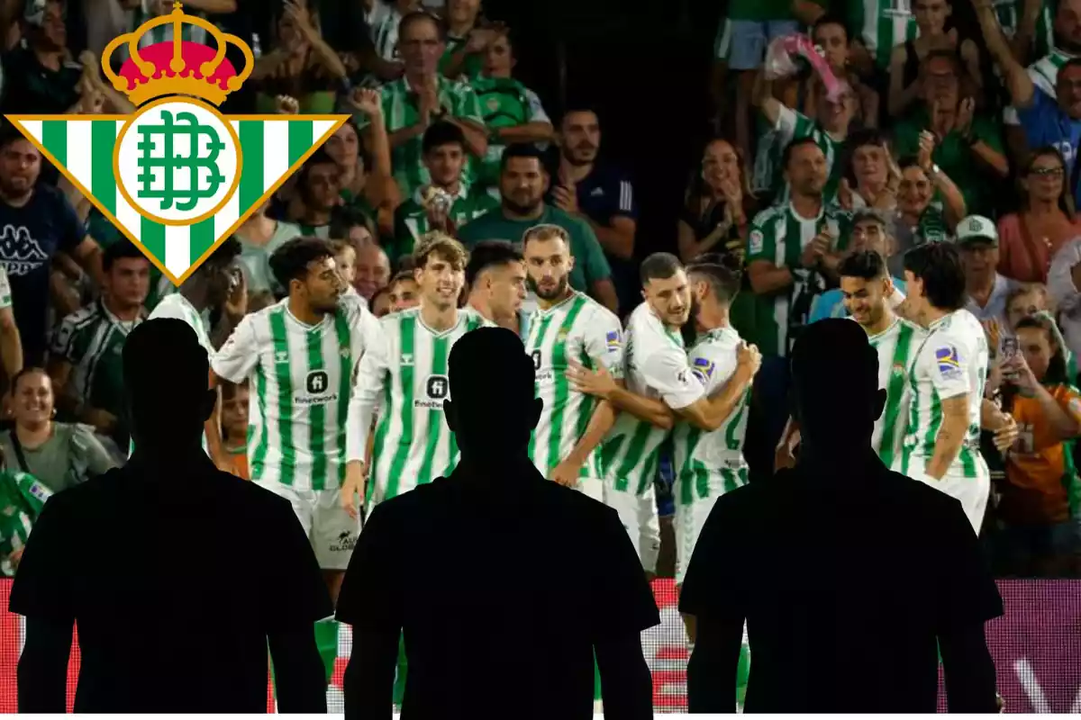 Montage con el equipo del Real Betis, el escudo arriba a la izquierda y tres sombras negras en el centro