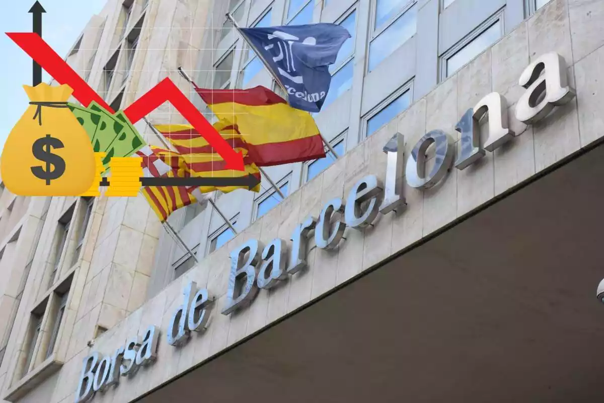 Montaje con una imagen del exterior de la Bolsa de Barcelona y en la esquina superior izquierda, un dibujo con dinero y una flecha descendente
