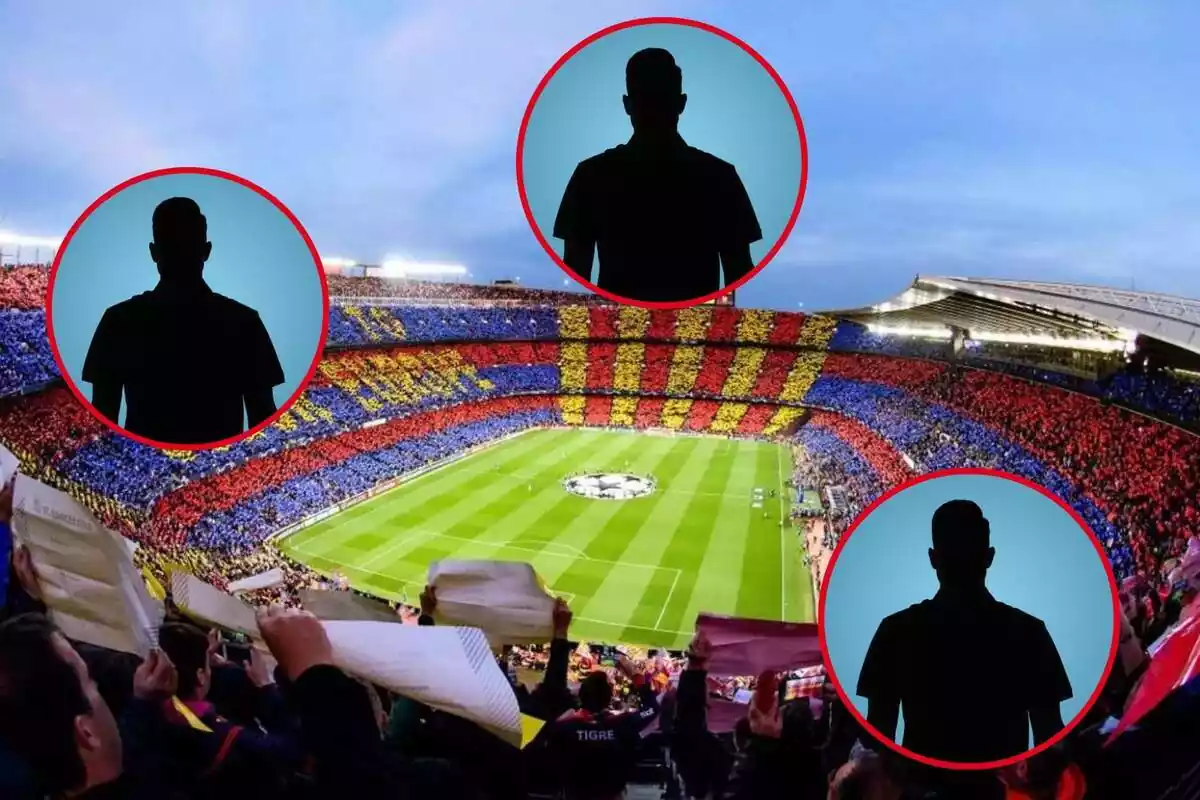 Montaje con una imagen del Camp Nou lleno. En varias partes de la foto y dentro de un círculo, 3 sombras negras de hombre