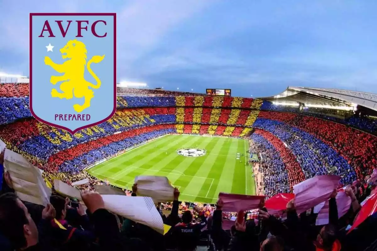 Montaje con imagen del Camp Nou y en esquina lateral izquierda el escudo del Aston Villa