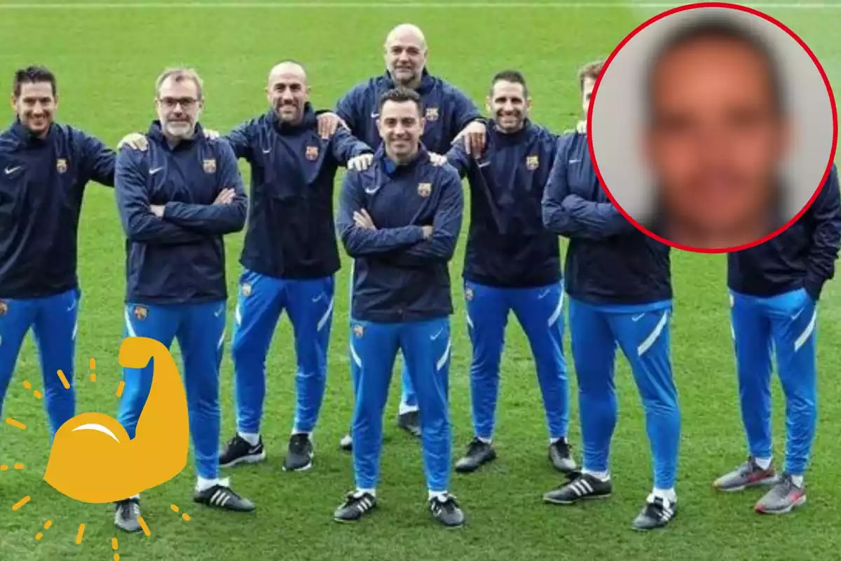 Montage con el staff técnico del FC Barcelona, un emoticano de un brazo haciendo fuerza abajo a la izquierda y un círculo difuminado arriba a la derecha