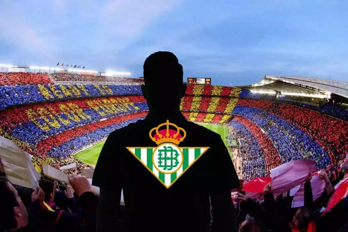 Montaje con una imagen del Camp Nou lleno de público, de fondo. En primer término una sombra negra de hombre y dentro de la sombra, el escudo del Real Betis