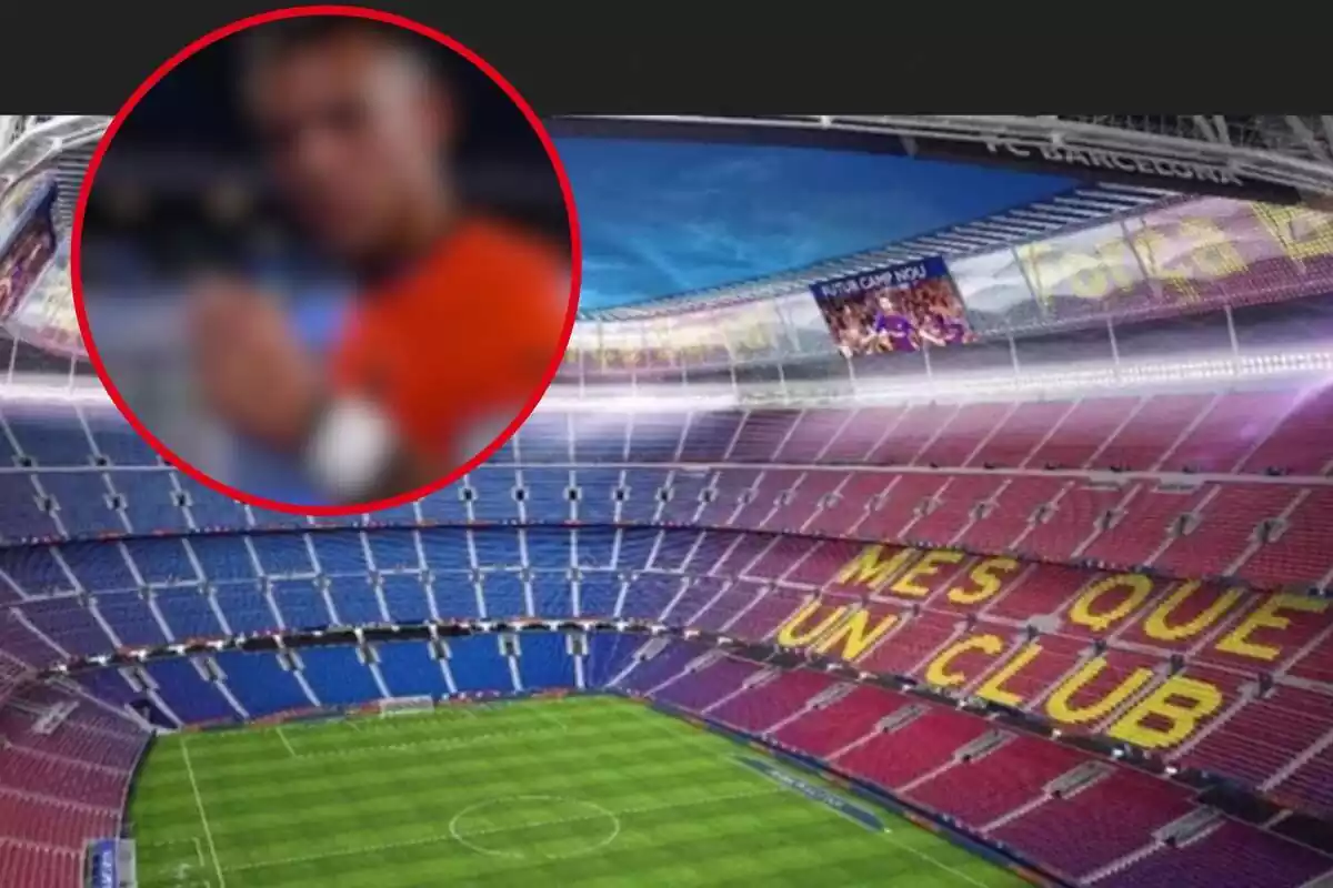 Montaje con una imagen del Camp Nou y en la esquina superior izquierda, dentro de un círculo y difuminado, el futbolista referenciado en la noticia