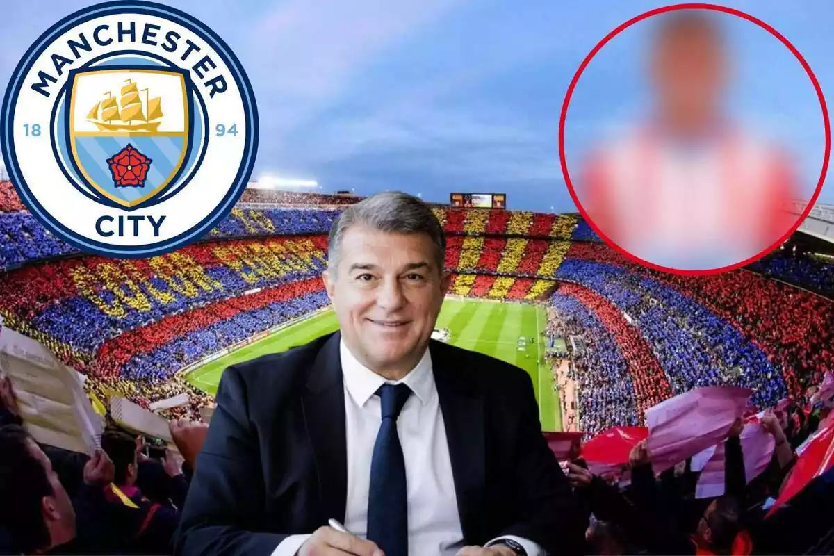 Montage con la foto del Camp Nou y Joan Laporta en el centro, el escudo del Manchester City arriba a la izquierda, y un círculo difuminado arriba a la derecha