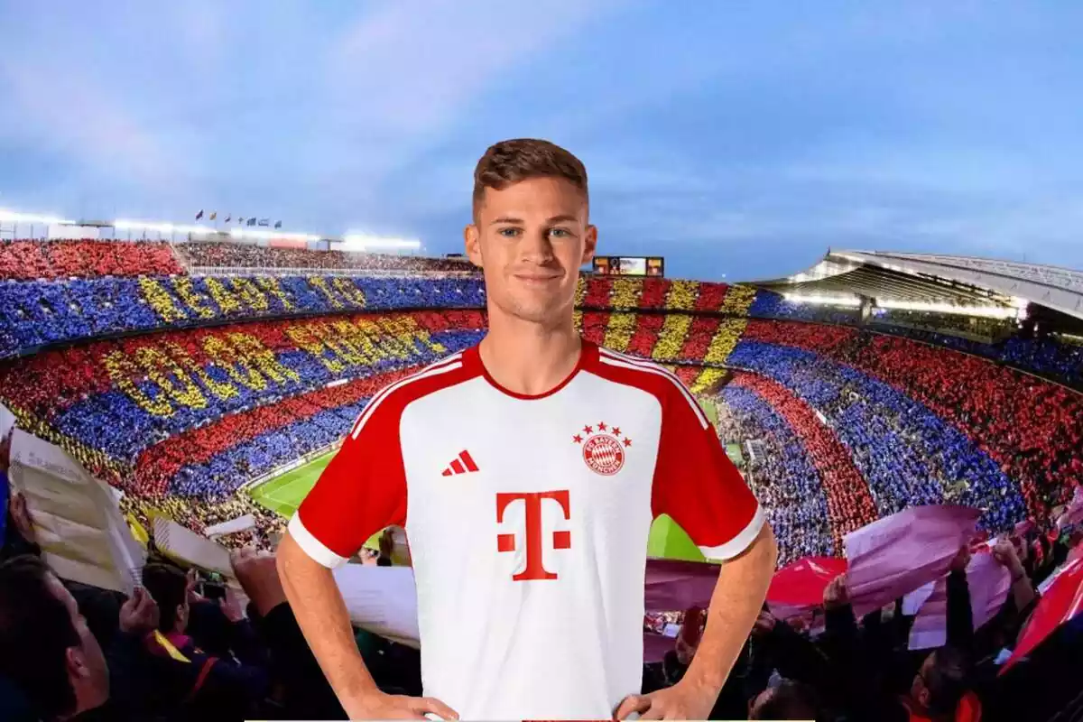 Montage con la foto del Camp Nou y la figura del jugador del Bayern de Múnich Joshua Kimmich en el centro