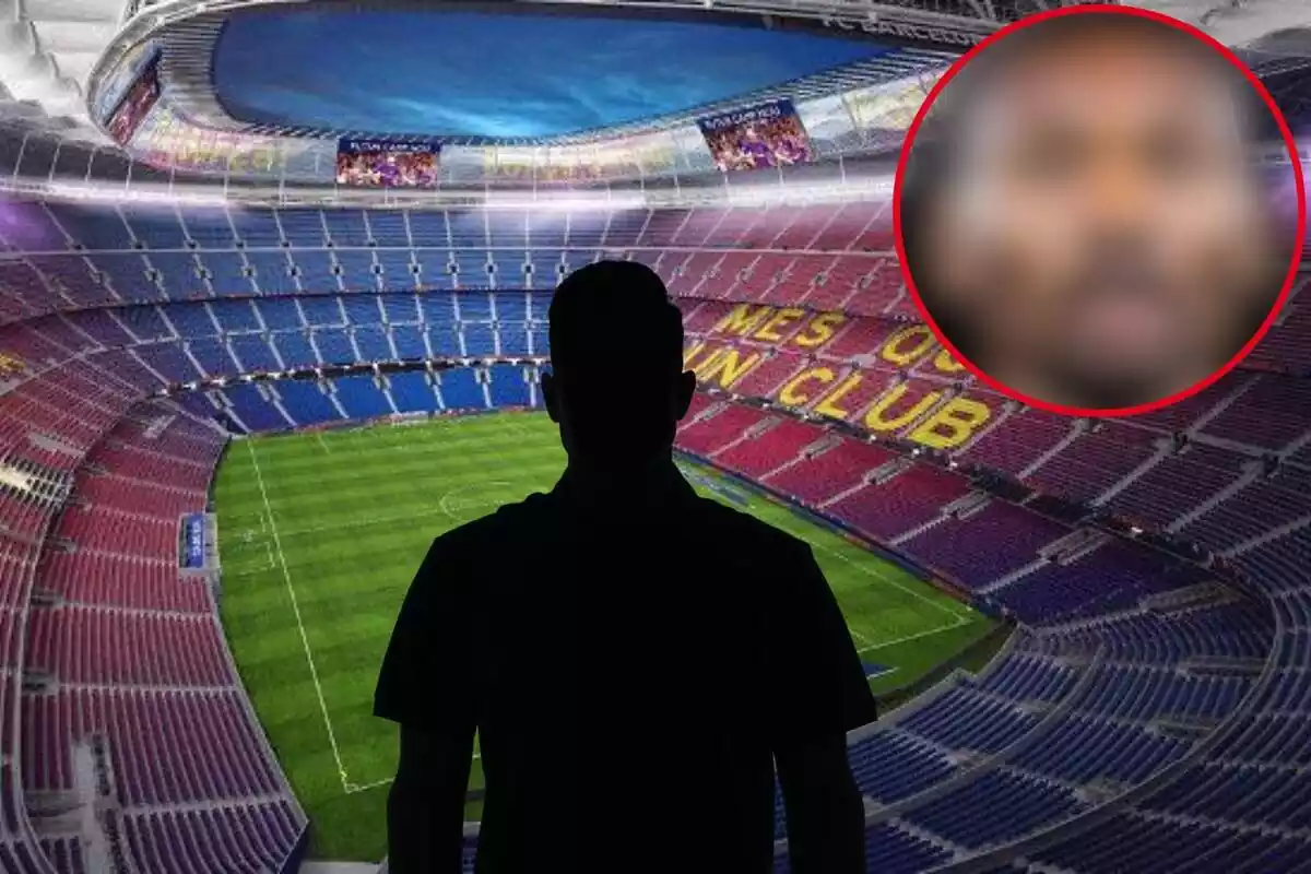 Montage con el Camp Nou, una sombra negra en el centro y un círculo difuminado en la parte superior izquierda