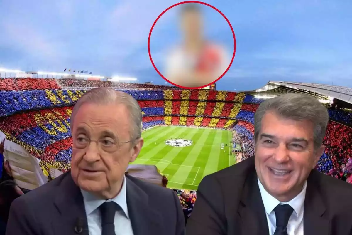 Montage con el Camp Nou y Florentino Pérez a la izquierda, Joan Laporta a la derecha y un círculo difuminado arriba en el centro