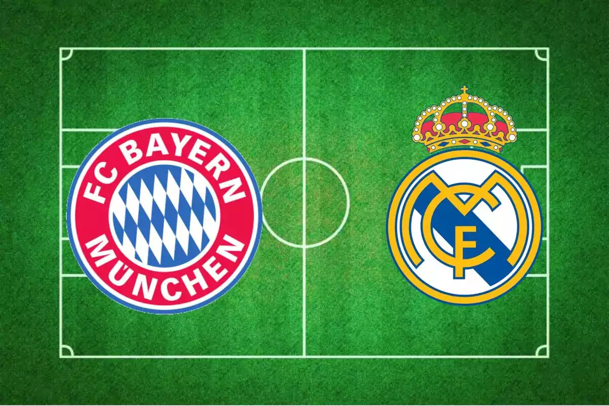 Montaje con una imagen de un campo de fútbol dibujado. A la izquierda, como equipo local, el escudo del Bayern. A la derecha, como equipo visitante, el escudo del Real Madrid