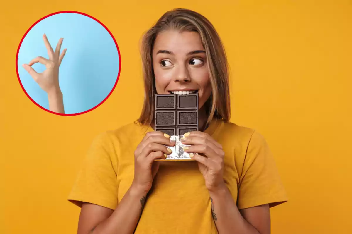 Montaje con una imagen de una mujer comiendo chocolate. A la izquierda una imagen con la mano de una mujer dando conformidad