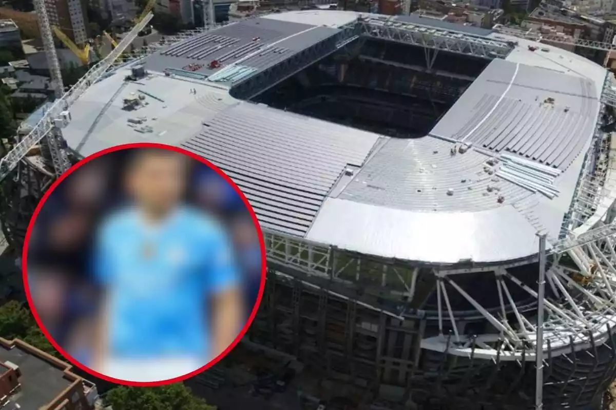 Montaje con una imagen de una vista aérea del Santiago Bernabeu y en la esquina inferior izquierda, dentro de un círculo y difuminado, el futbolista referenciado en la noticia