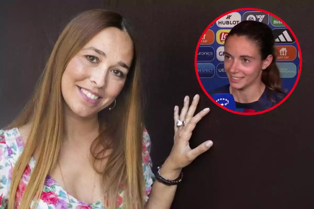 Una mujer sonriendo con una mano levantada y una imagen circular de otra mujer en una entrevista deportiva.