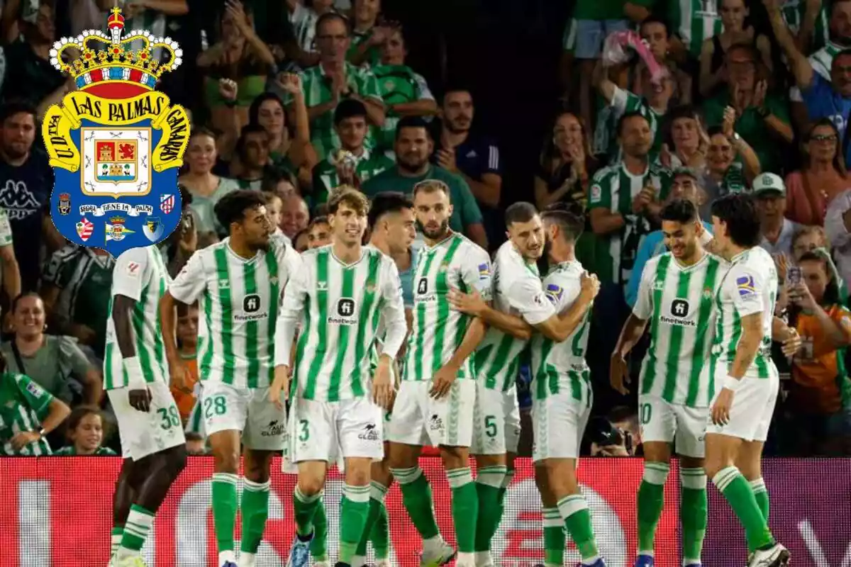 Montaje con una imagen de futbolistas del Real Betis celebrando un gol y en la esquina superior izquierda, el escudo de la UD Las Palmas