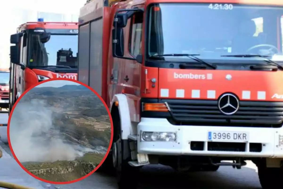 Camiones de bomberos en acción con una imagen insertada de un incendio forestal.