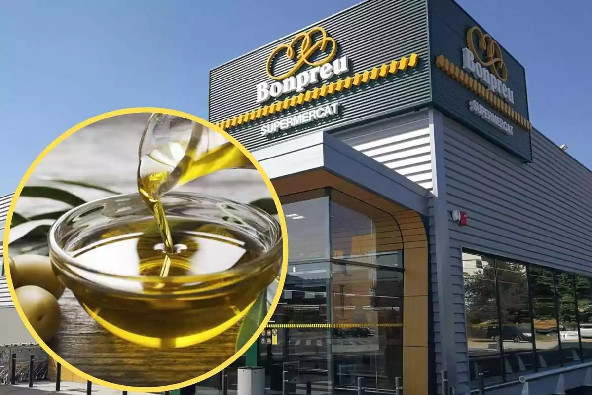 Montaje con una imagen de un establecimiento Bonpreu y a la izquierda, dentro de un círculo, aceite de oliva