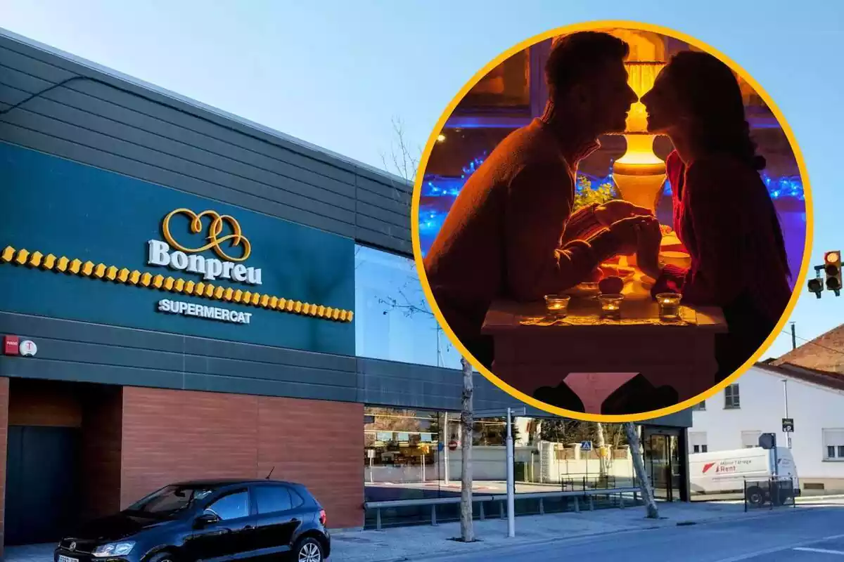 Montaje con una imagen del exterior de un establecimiento Bonpreu y a la derecha, dentro de un círculo, una pareja a punto de besarse durante una cena romántíca