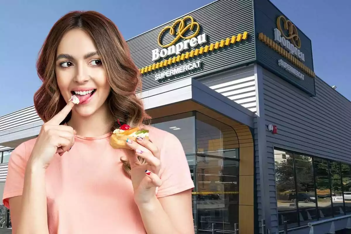 Montaje con una imagen del exterior de un establecimiento Bonpreu y en primer término una chica comiendo un pastel