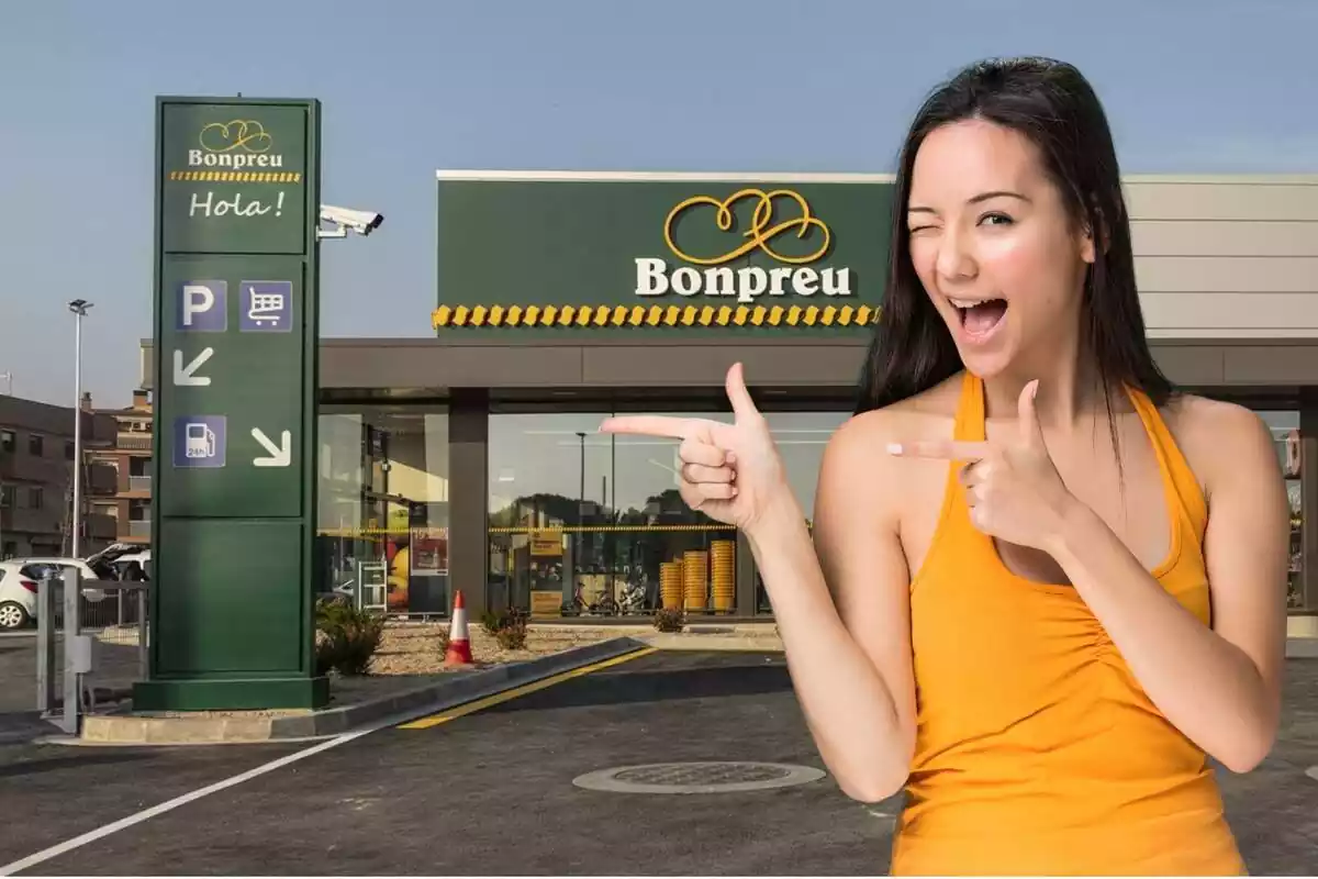 Montaje con una imagen del exterior de un establecimiento Bonpreu y en primer término una chica contenta