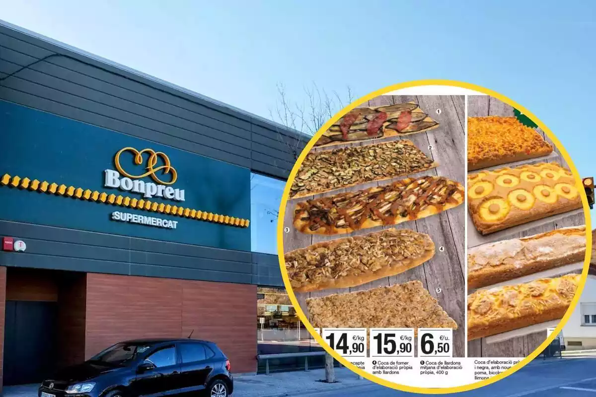 Montaje con una imagen del exterior de un supermercado Bonpreu y a la derecha, dentro de un círculo, la promoción de cocas referenciada en la noticia